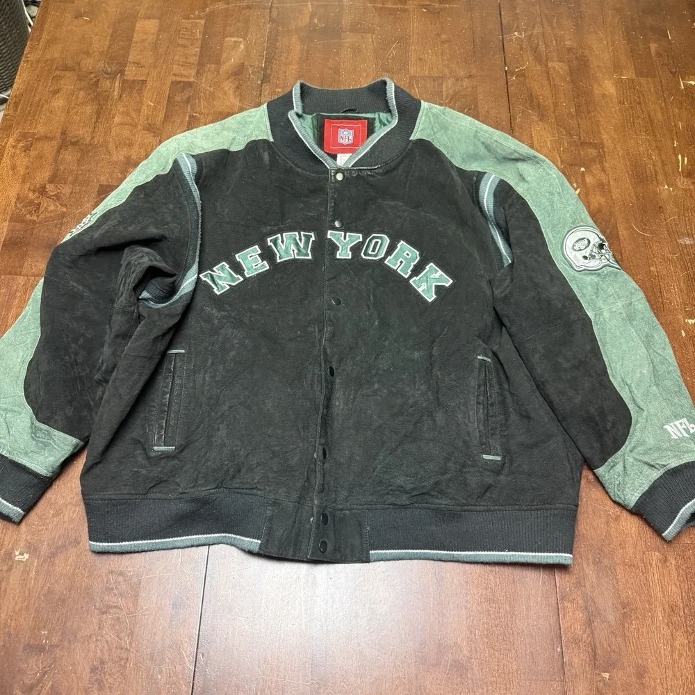 Vintage 90s Y2k New York Jets NFL Suede Varsity Bomber‎ Jacket size 5XL